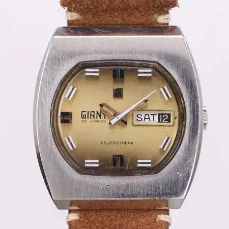 Armbandsur, Ø37mm, Atlantic, 25 jewel, Giant, Silverstreak, dag/datum, automatisk, boettnr 1408244, 1970-tal, dag, datum, stål, repor på plastglas och boett, mockaband
