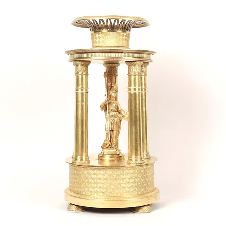 Bordsuppsats, förgylld brons, cylindrisk bas, kolonner samt Minerva, Frankrike 1800-tal, höjd 37cm. Skickas med postpaket.
