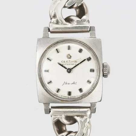 Damur, Certina, New Art, automat, går ej/står still, plexiglas med sprickor/repor, armband Bismarcklänk, längd 20cm, bredd 12mm, silver, bruttovikt: 47,1gr