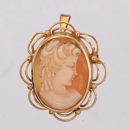 Hänge/brosch med camé,  längd 33mm, buckla, 18K Vikt: 5,3 g