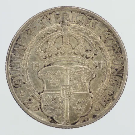 Mynt, Gustaf V Sveriges Konung, 400 årsminne av Gustaf Vasas befrielseverk, 2kr, Ø31mm, 1921, 800/1000 silver Vikt: 15 g