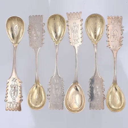 6 Kaffeskedar, modell Same, 11-11,5cm, Stenudd år 1937-39, 830/1000 silver Vikt: 72 g