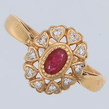 Ring, carmosé, rubin diamanter 10 x ca 0,01ctv, stl 18, Guldfynd, 18K Vikt: 3,4 g