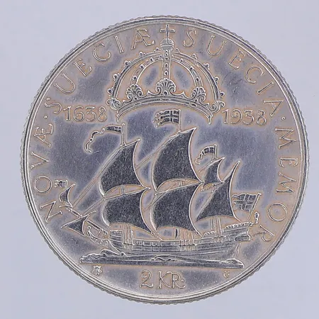 Mynt Gustavus V Rex, nominellt värde 2 kr, år 1638-1938, 800/1000 silver Vikt: 15 g