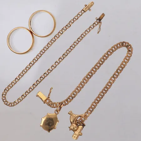 2 Ringar, 2 Armband, gravyr, bucklor, defekt lås, 18K Vikt: 20,6 g