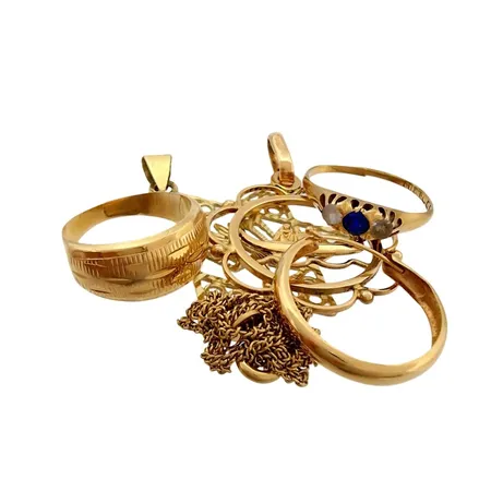 Diverse smycken, 14K guld - vikt 2g, 18K guld - bruttovikt 9,4g, defekter, slitage