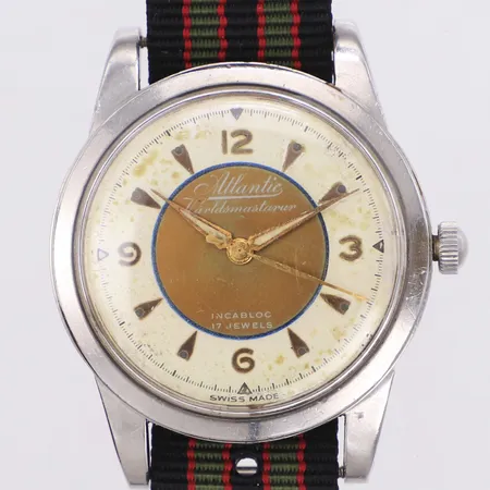 Armbandsur, Ø36,1mm, Atlantic, Världsmästarur, Incabloc, 17Jewels, #72797, stål, repor, fläckar på urtavla, nytt natoband
