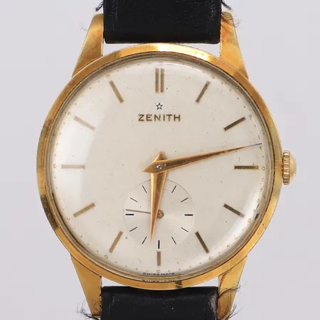 Herrur, Zenith, Ø33,1mm, liten sekundvisare, boettnr 664606, 1950-tal, gravyr, repor, läderband, 18K. Bruttovikt 34,9g