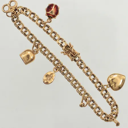 Armband Bismarck, längd 20cm, bredd 5mm, fem berlocker, skev, 18K Vikt: 15,1 g