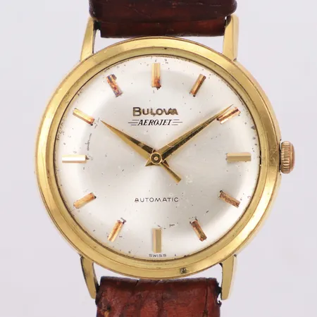 Herrur Bulova Aerojet, automatic, saknar glas, skadad urtavla, service-behov, läderarmband, 18K