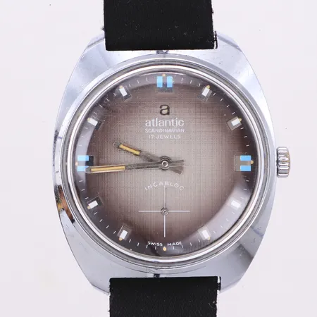 Armbandsur, Ø35,3mm, Atlantic, Scandinavian, 17 Jewels, Incabloc, #61503, stål, repor, svart tygband