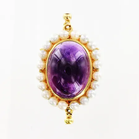 Lås med dobbar, cabochonslipad ametist 11x15mm, mindre odlade pärlor Ø2,5mm, 18K Vikt: 6 g