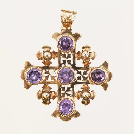 Hänge med lila stenar, längd 42mm inklusive ögla, bredd 35mm, skadade stenar, 14K  Vikt: 8,9 g