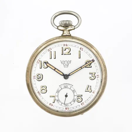 Fickur, Svenska Försvaret, märkt Tre Kronor, manuell, liten sekundvisare, Ø50mm, stål, boettnummer 8738, med metallfodral, slitage, mindre ojämnheter/svaga bucklor.    Vikt: 0 g