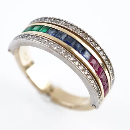 Ring m diamanter, saffirer, rubiner och smaragder, vändbar, stl 19½(61), bredd 8mm, 14k Vikt: 6,6 g