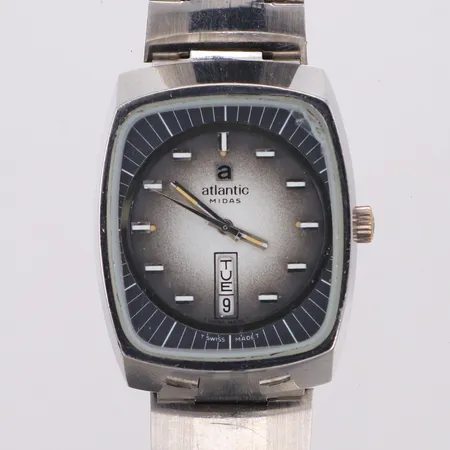 Armbandsur, Ø34,2mm, Atlantic Midas, 25 Jewels, #1487816, dag/datum, 1970-tal, stål, originalband i stål, repor