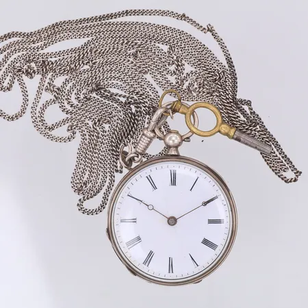 Fickur mormorsur, Ø38mm, nyckel, stål, kedja i silver 76cm x 2 Vikt: 54,8 g