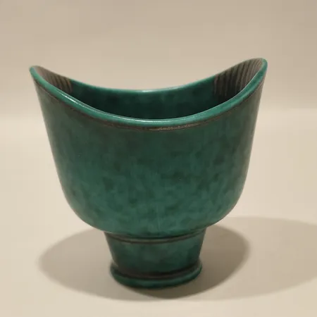 Skål Argenta A23, grön, Wilhelm Kåge Gustavsberg, höjd 8,5cm, Ø8,5mm, grön glasyr, målad silverdekor