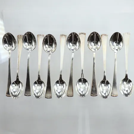 Tolv kaffeskedar, modell Diana, längd 11cm, GAB 1960-tal, tyglinda, 830/1000 silver Vikt: 147 g