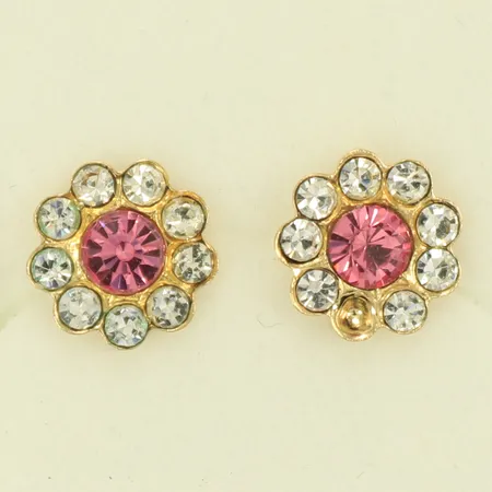 Ett par örhängen med rosa och vita stenar, Ø 7,5 mm, saknar lås och en sten, 14K 0,6g totalt.