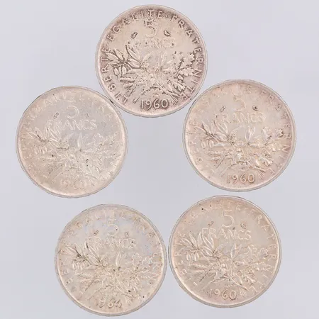 5 Mynt Frankrike, 5 Francs, 830/1000 silver Vikt: 60,1 g