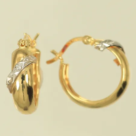 Örhängen, tvåfärgade med vita stenar, ena örhänget har hål på baksida, Ø 15mm, 18K, 2,1g 