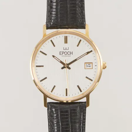 Herrur Epoch Quartz, går ej, Ø33,5mm, 18K graverad med läderband och ask. Vikt: 0 g