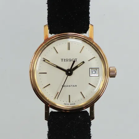 Damur Tissot Seastar 18K, quartz, ca 22mm, datum, gravyr För nit och redlighet i rikets tjänst, läderarmband, går ej, behov av batteribyte, manual, box.