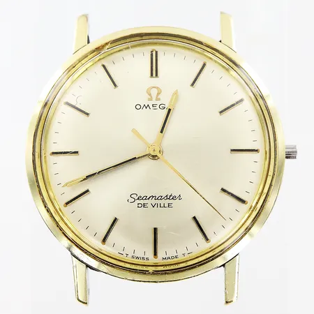 Herrur Omega Seamaster De Ville, doublé/stål, manuell, Ø34mm, vit urtavla, defekt/fungerar ej, krona saknas, gravyr, länk saknas, inga tillbehör.