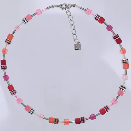 Collier Coeur de Lion, Germany, rosa & violetta stenar, vitmetall, längd 41-46cm, bredd 6,5 mm, fint skick, originaletui 19x19cm