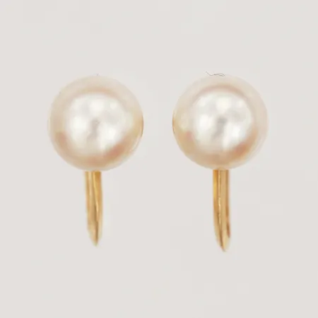 Ett par örhängen med odlade pärlor, Ø8mm, Gustaf Dahlgren & Co, Malmö, med skruvmekanism, slitage, 18K guld. Vikt: 3 g