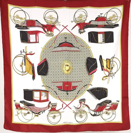 Scarf, Hermes, "Les Voitures à Transformation", Françoise De La Perriere, 1965, ca 90x90cm, siden, några fläckar och tråddragningar.