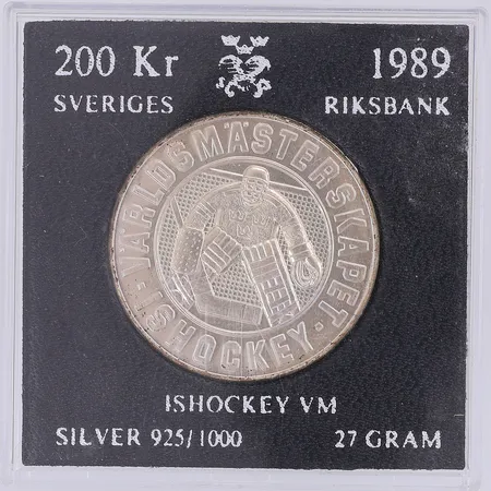 Mynt, Ishockey VM, 1986, nominellt värde 200kr, 925/1000 silver, etui Vikt: 27 g