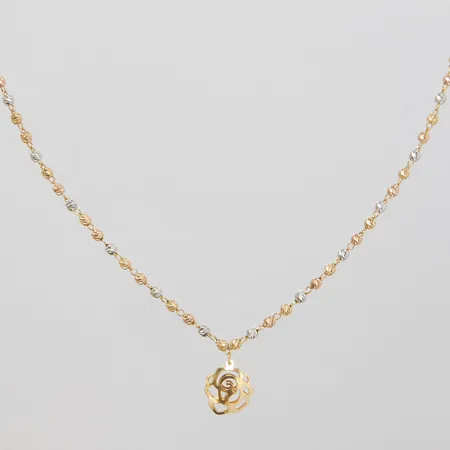 Collier med integrerade kulor i tre färger samt hänge, längd: 43,5cm, 18K Vikt: 2,9 g