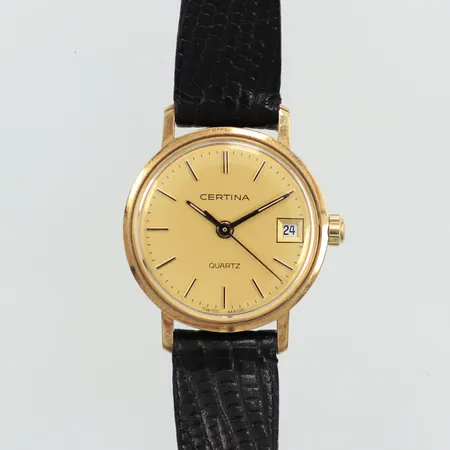 Damur Certina 14K, quartz, 22mm, refnr EOL 111.9299.65, datum, går ej, behov av batteribyte, läderarmband, inga tillbehör. 