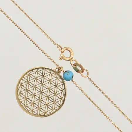 Kedja, längd ca 42cm, bredd 0,8mm, med integrerande hänge, längd 20mm inkl ögla, sten, 14K Vikt: 2,3 g