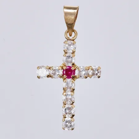 Hänge kors med röd & vita stenar, längd ca 22mm, bredd ca 12mm, 18K Vikt: 0,7 g