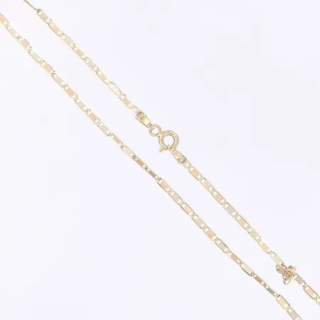 Halskedja tvåfärgad, längd44cm, bredd 2mm, defekt, bucklig, lagad, 14K Vikt: 2,2 g