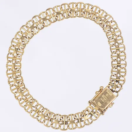 Armband X-länk med stav, 19,5cm, bredd 8mm, svenska stämplar, 18K Vikt: 15,2 g
