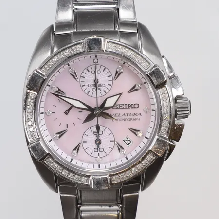 Armbandsur Seiko Velatura Chronograph, stål, quartz, 40mm, referensnr: 7T92-0-0JW0, serienr: 1N0054, kronograf, datum, rosa pärlemortavla, behov av batteribyte