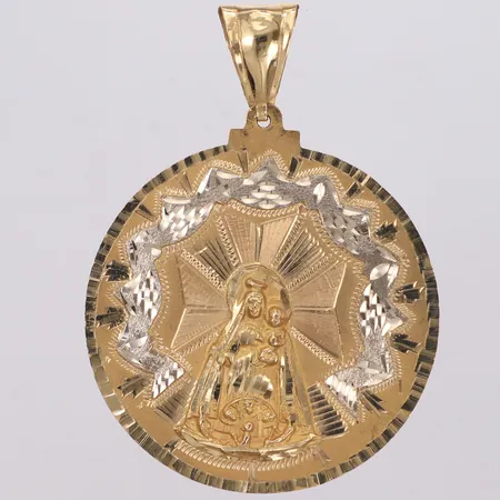 Hänge med Madonnamotiv, längd 70,4mm, bredd 51,2mm, tvåfärgad, smärre bucklor, 14K  Vikt: 17,1 g