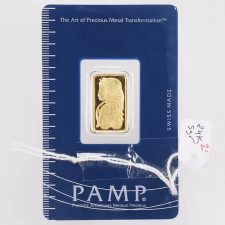 Guldtacka, 5,0g, PAMP, certnr 888342, finhalt 999,9/1000, plomberad, 24K