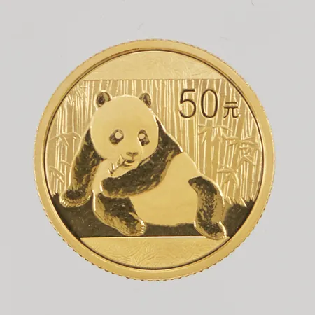 Mynt, 50 Yuan Panda, präglat år 2015, Ø18mm, 24K, 3,1g.