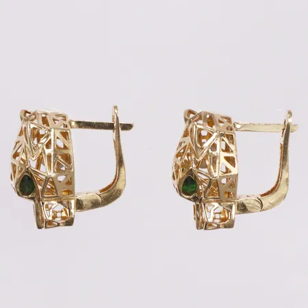 Ett par örhängen, panterhuvuden, gröna stenar, 20mm, Italy, 14K Vikt: 6,5 g