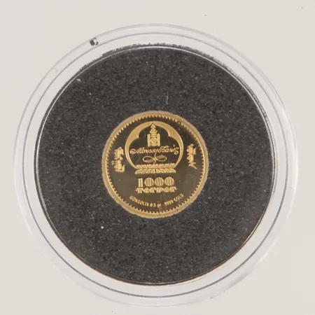 Mynt, Mongolia, 1000 Tögrög, Ø11mm, präglat år 2017 i en upplaga om 15.000st, plastetui, tillhörande certifikat utfärdat av Centralbanken i Mongoliet, 24K, 0,5g.