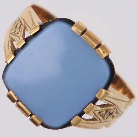 Klackring med grå/svart sten, stl 19¼, bredd 3,5-14,6mm, 18K Vikt: 4,3 g