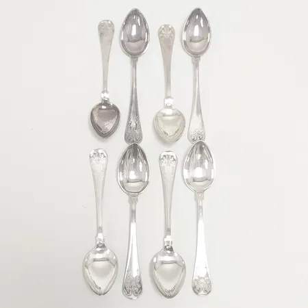 8 Kaffeskedar, modell: Gammal Fransk, längd: 124mm, GAB, Eskilstuna, missfärgade, silver, 830/1000 Vikt: 179,2 g