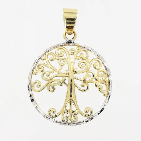 Hänge, livets träd, 24mm, Ø17mm, vit/gulguld, 14K.   Vikt: 1,1 g