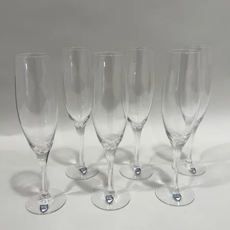 6 Champangeglas, "Illusion", Nils Landberg för Orrefors, längd: 21cm, Ø42mm.