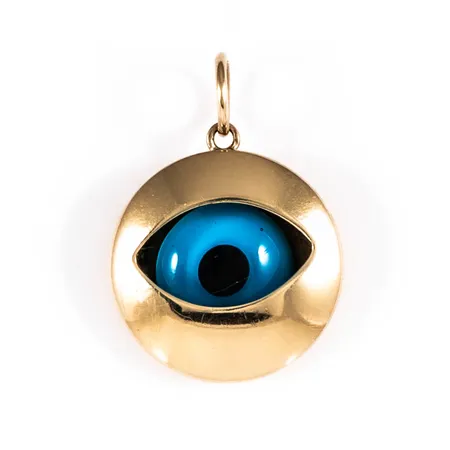 Hänge "Onda ögat" i 18K guld. Det är 14,5 mm brett, 21 mm långt inkl. ögla och väger 1,9g. Stämplad GHA, 750.